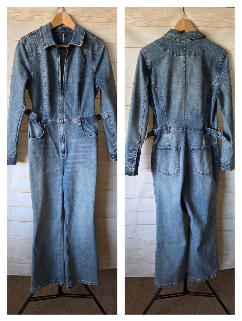 Free People Denim Jumpsuit Overall Dungarees Long Sleeves Front Zip Size 8